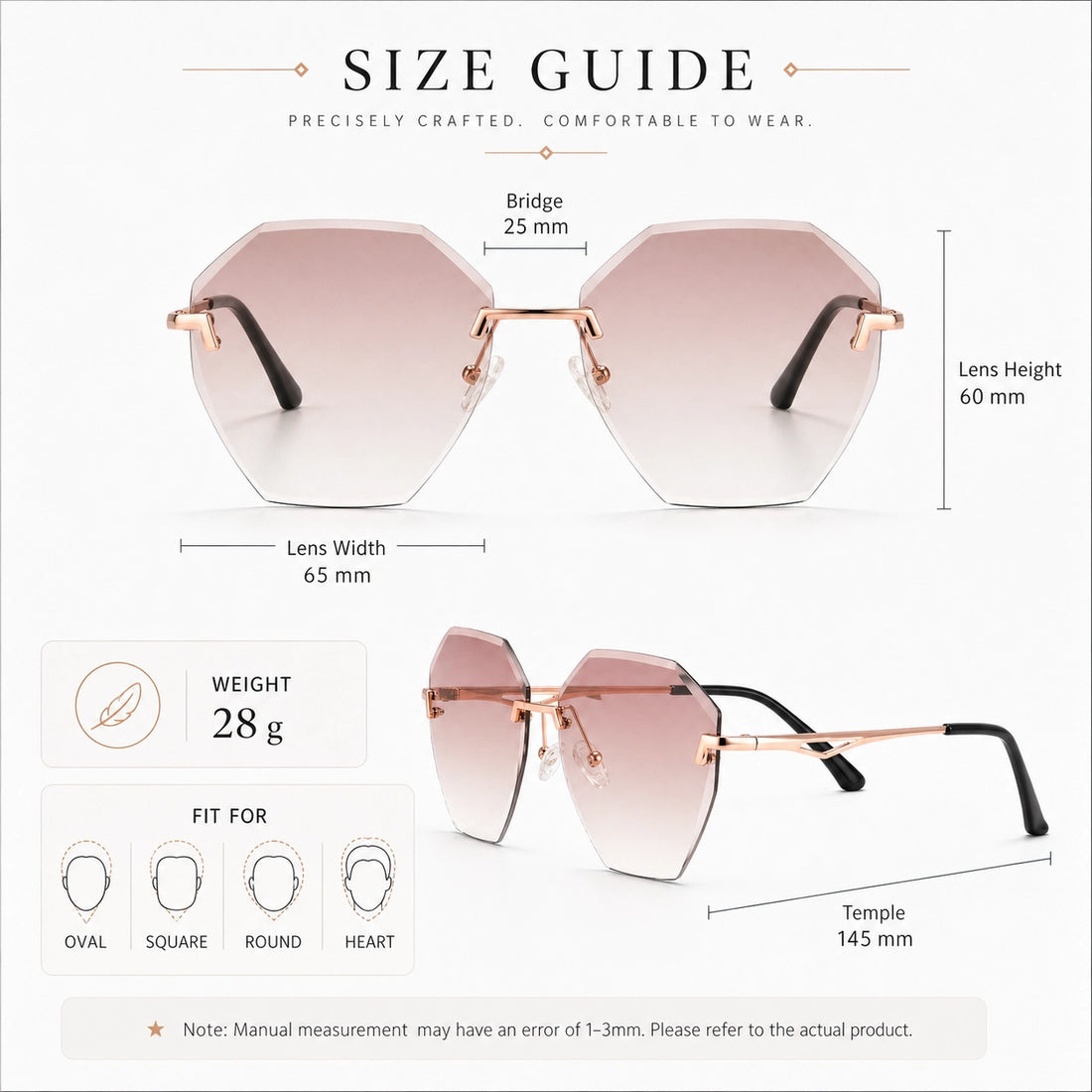 Lunettes de soleil à changement de couleur sensibles à la lumière BAPORSSA - Monture dorée protection UV dégradée fit and size guide