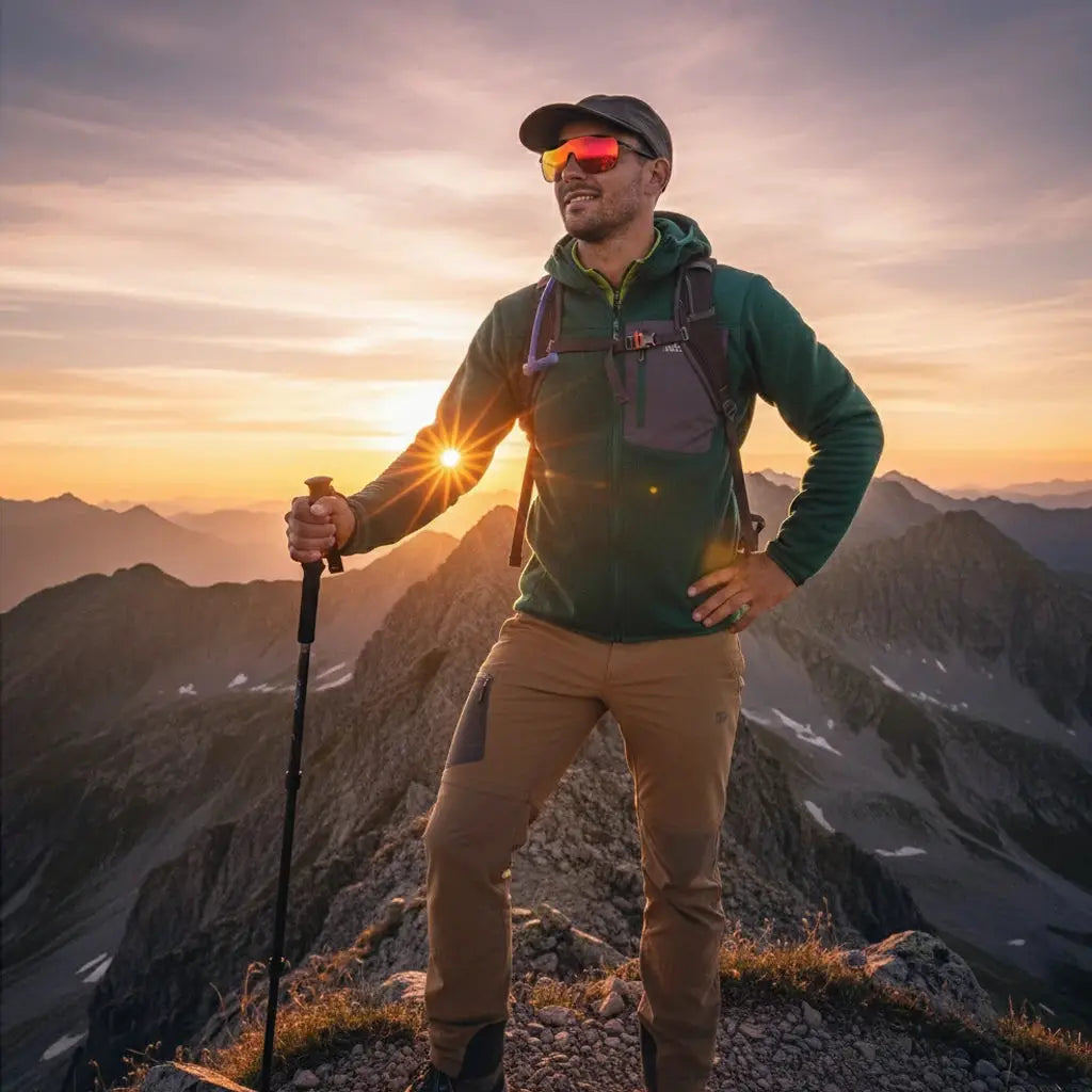 A hiker wearing sunglasses stands triumphantly on a mountain peak at sunset, with dramatic sun rays and layered mountain ranges in the background.