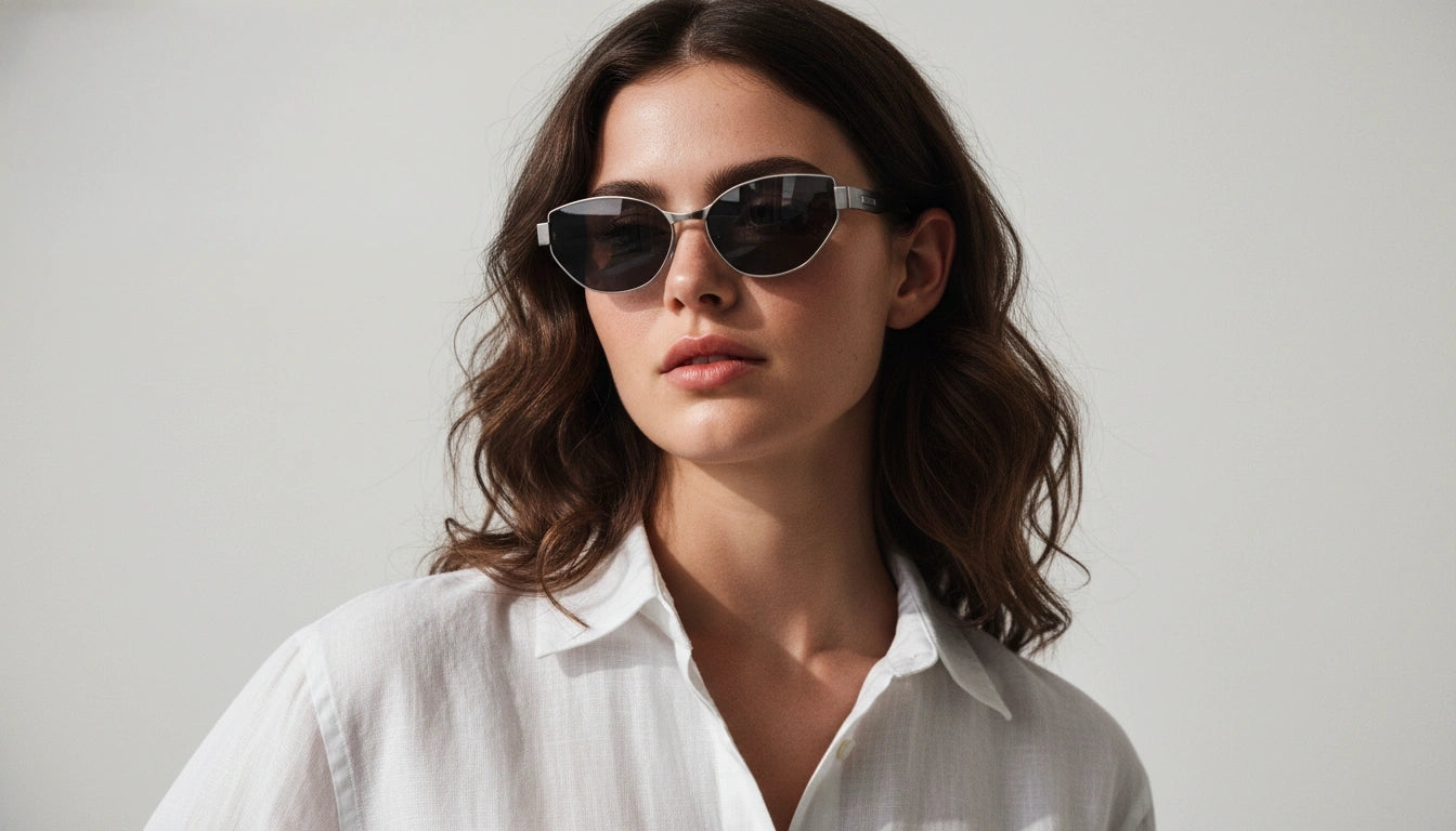 Silver rimless black cat-eye sunglasses on model – ICON magazine cover style 2025