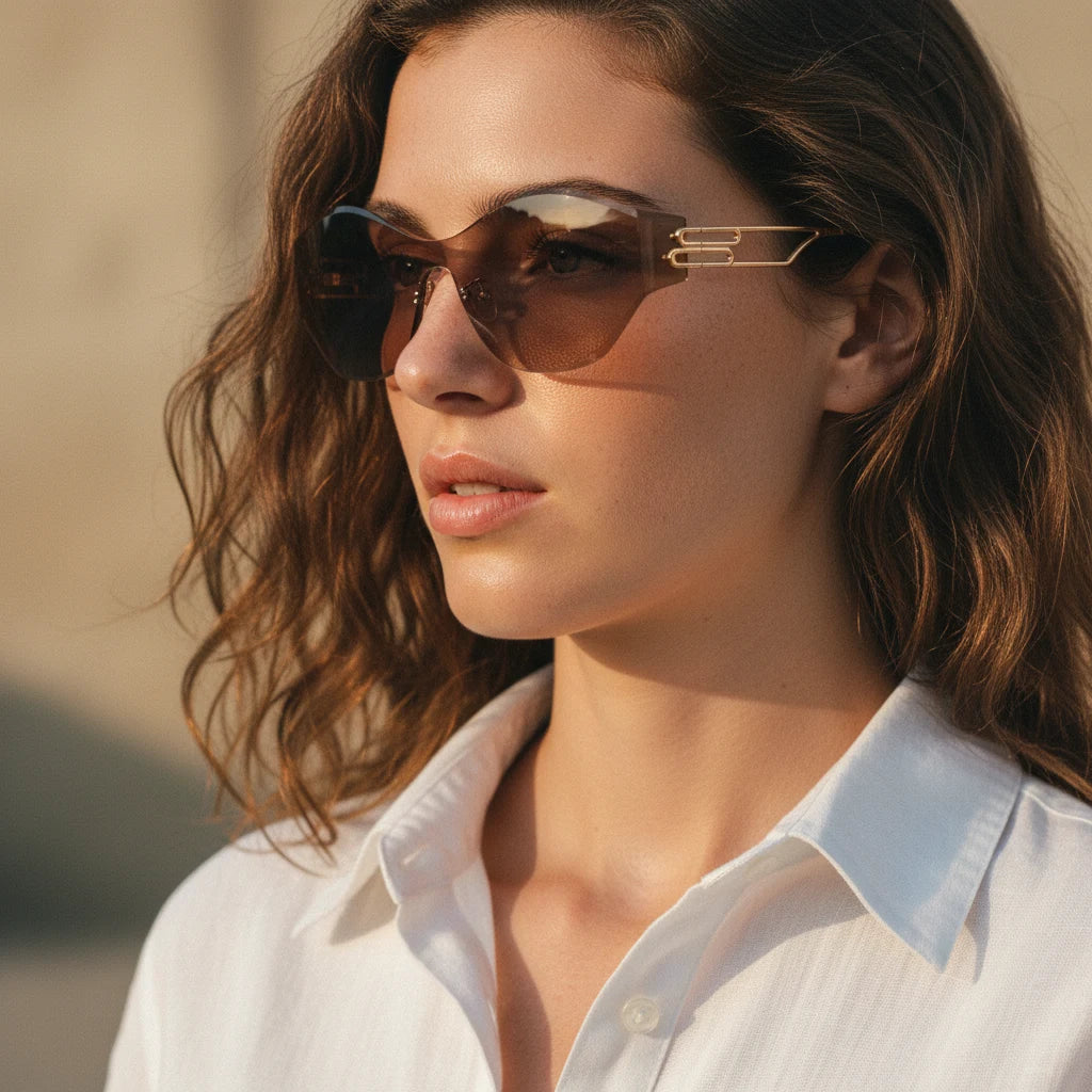 Woman wearing rimless iced-coffee brown cat-eye sunglasses golden hour portrait