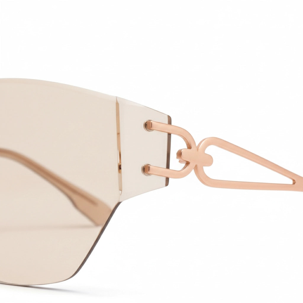 Beige sunglasses with a rose gold frame on a white background
