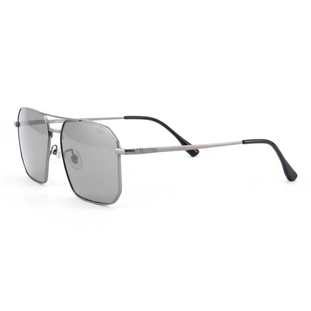 Silver sunglasses with black accents on a white background