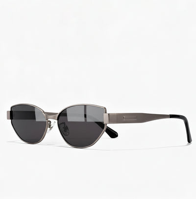 Front view of gunmetal gray titanium cat-eye sunglasses, featuring a stylish design with dark black lenses.