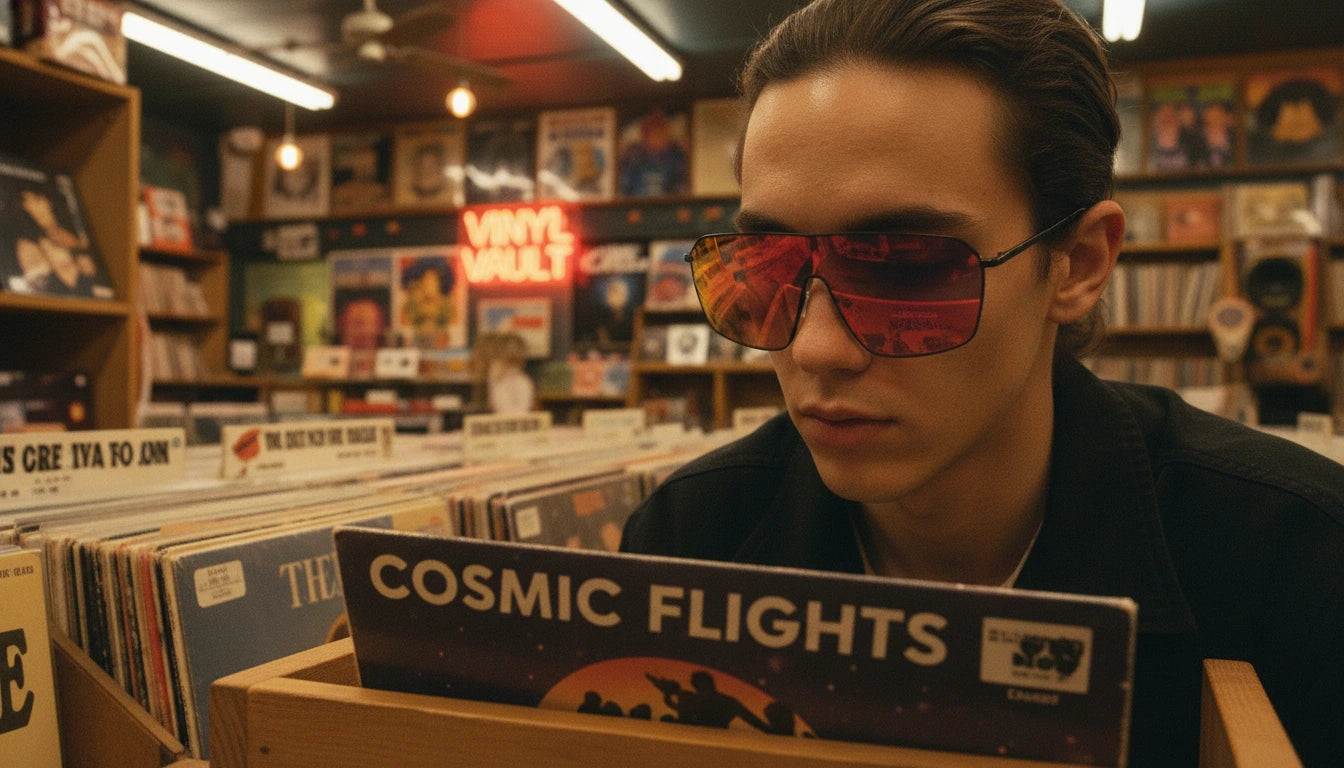 A man wearing red mirror shield sunglasses standing in a record store with a neon “Vinyl Vault” sign, highlighting a retro urban eyewear style.