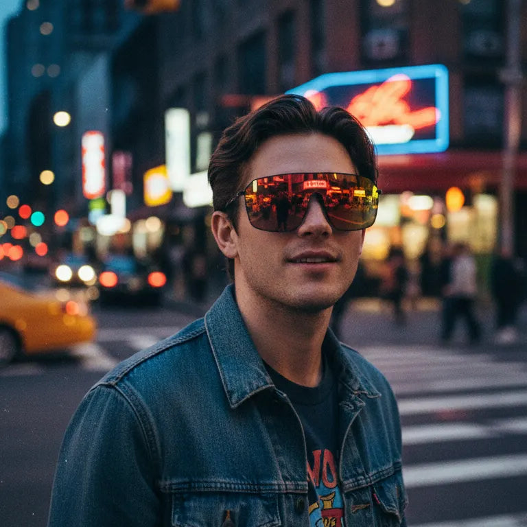 A man wearing a blue denim jacket and graphic t-shirt stands on a city crosswalk; his reflective red-orange sunglasses mirror the vibrant neon signs, yellow taxi, and illuminated urban buildings in the evening background.