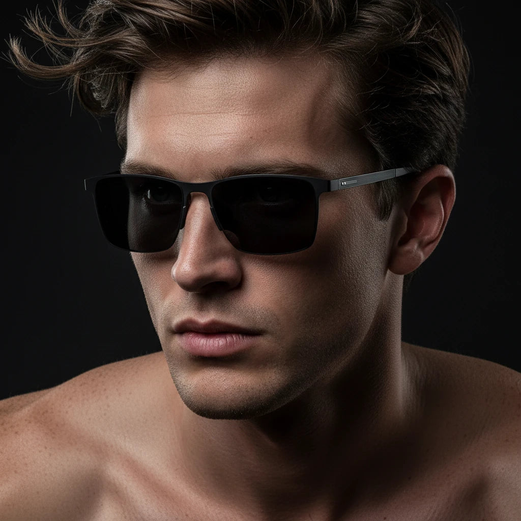 Man wearing dark sunglasses against a black background