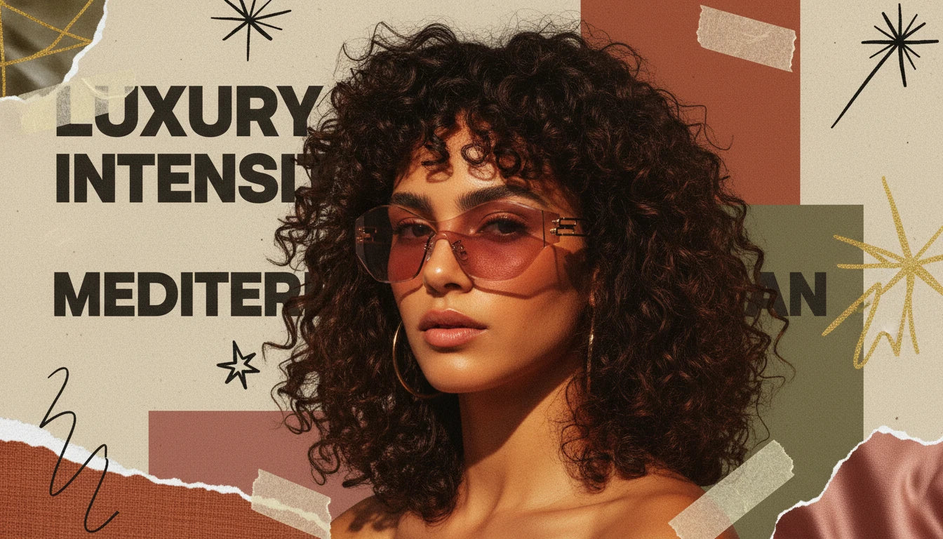 Curly-haired Mediterranean beauty in rose-purple rimless cat-eye sunglasses luxury collage