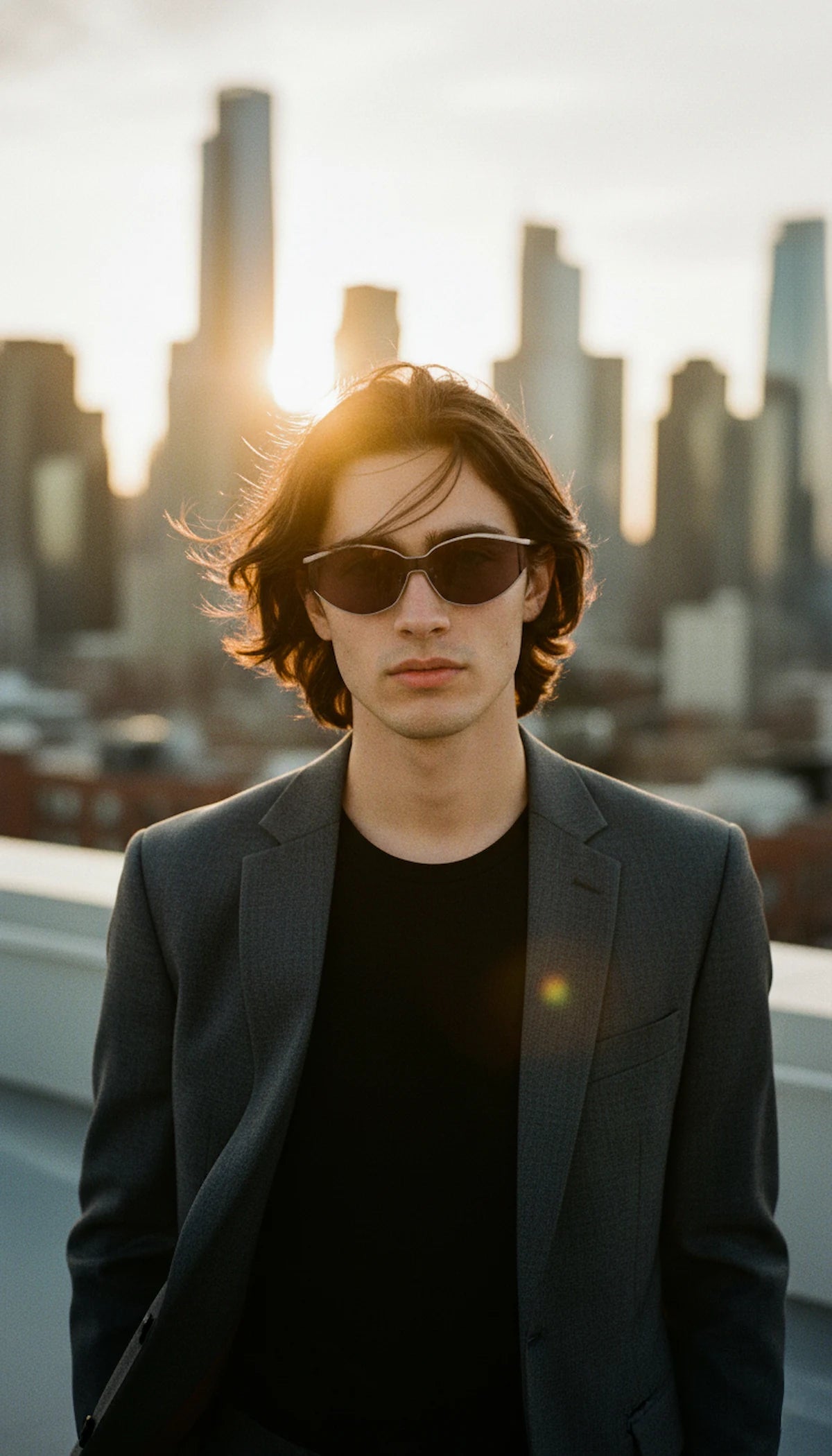 A man wears cat-eye sunglasses with a grey blazer, standing on a rooftop at sunset, showcasing the style's versatility in men's fashion and urban settings.