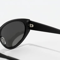 Black sunglasses with a reflective lens on a white background