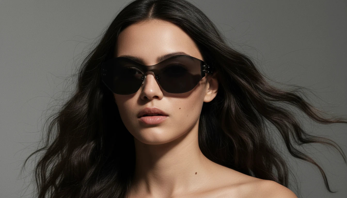Ultra-black rimless oversized cat-eye sunglasses close-up portrait