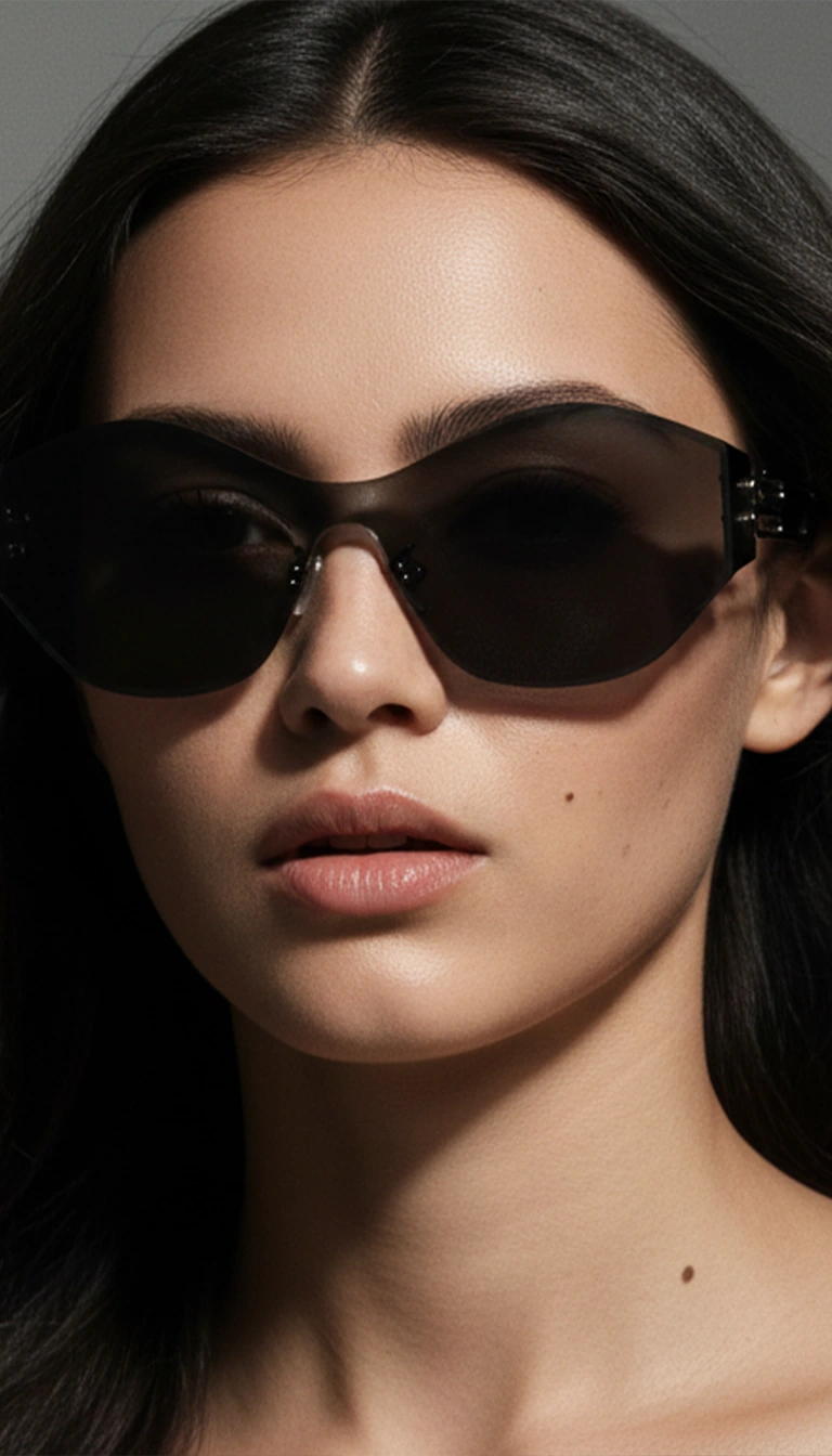 Black rimless cat-eye sunglasses on gorgeous woman – 2025 bestselling dark queen shades