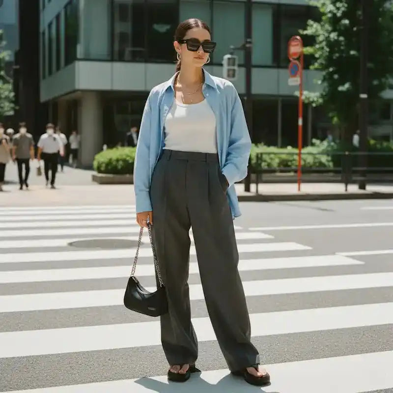 Minimalist city chic sunglasses fashion, woman in tailored outfit with urban background