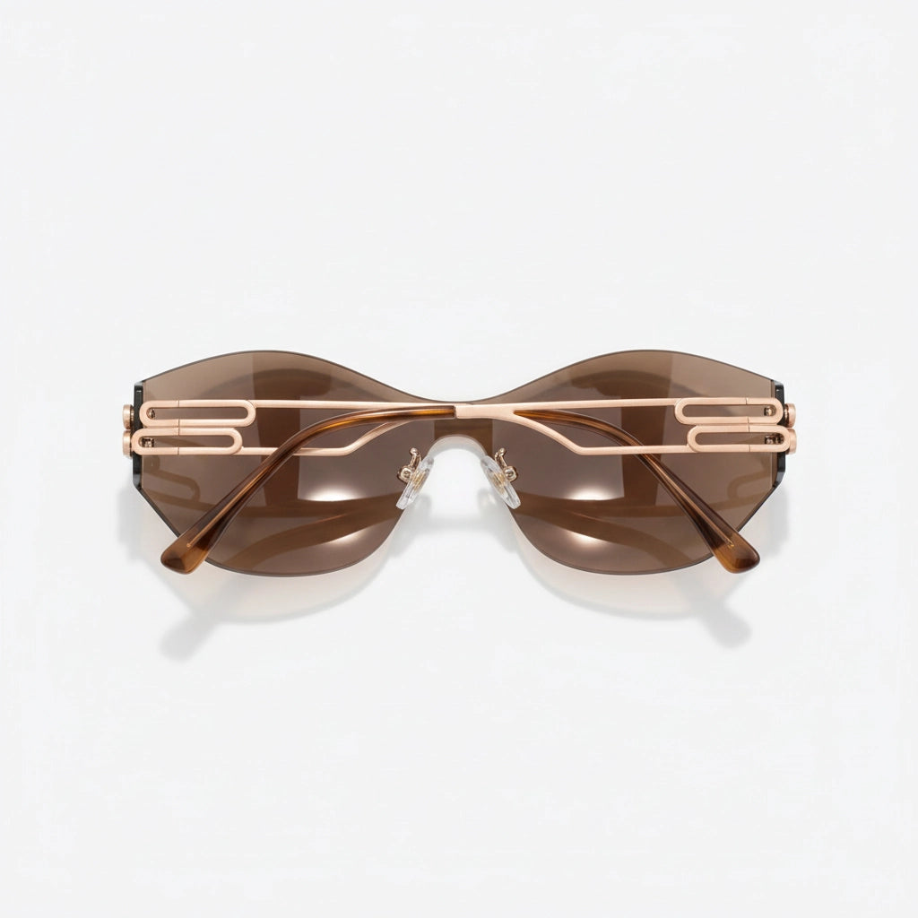 Luxury mocha brown one-piece lens rimless cat-eye sunglasses front view