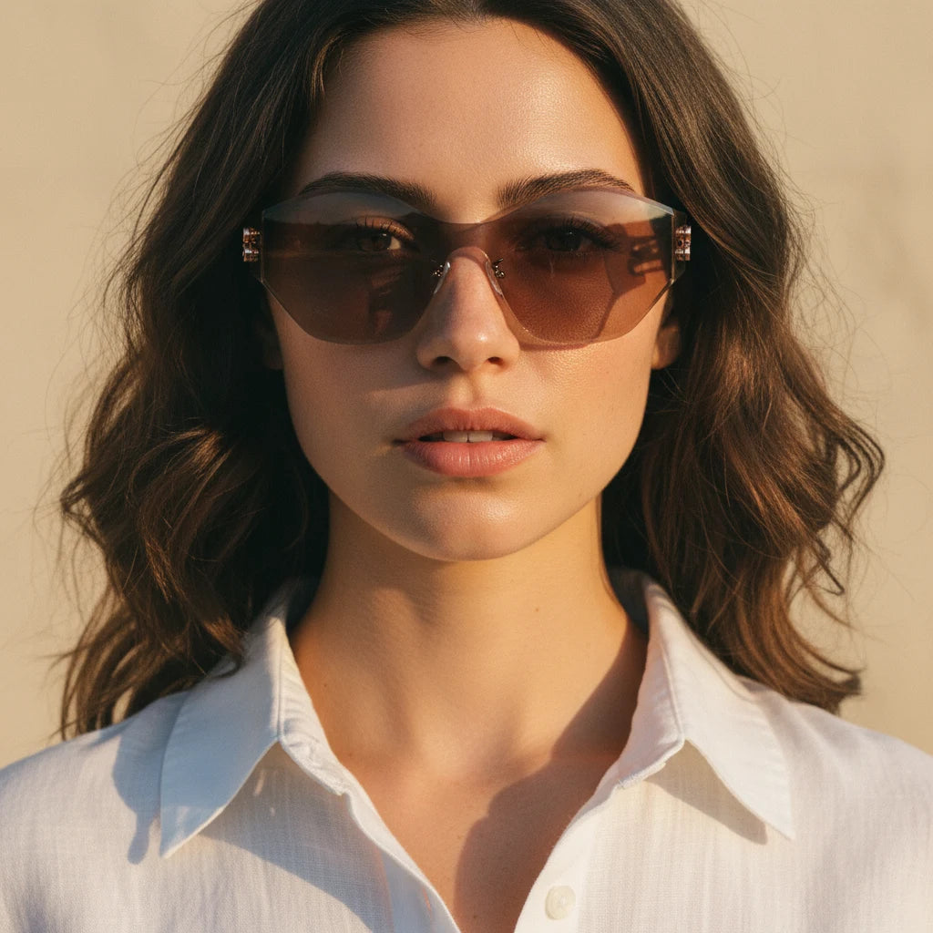 Model in translucent mocha brown rimless cat-eye sunglasses minimalist editorial