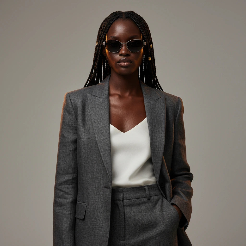 A woman wearing a gray suit and titanium cat-eye sunglasses creates a high-end, fashionable look.