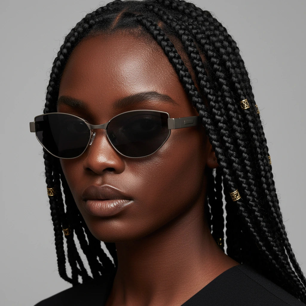 A Black woman wearing gunmetal gray titanium cat-eye sunglasses, a stylish look from the front.