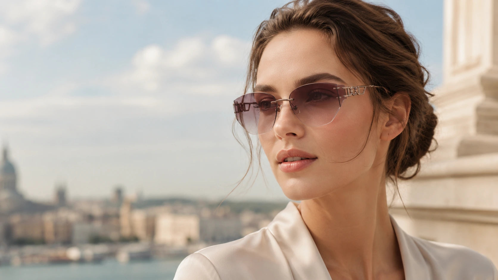 Woman wearing Muse rimless cat-eye sunglasses with lifted outer lens shape, claret gradient nylon lenses, slim metal temples, and a polished lightweight look.
