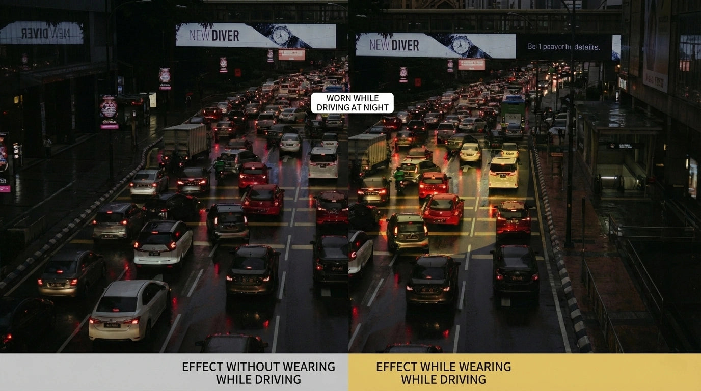 Traffic jam at night with illuminated road signs and vehicles.