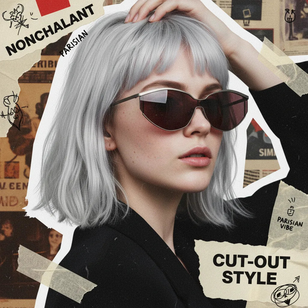 Platinum blonde girl in metallic cat-eye sunglasses Parisian rebel collage aesthetic