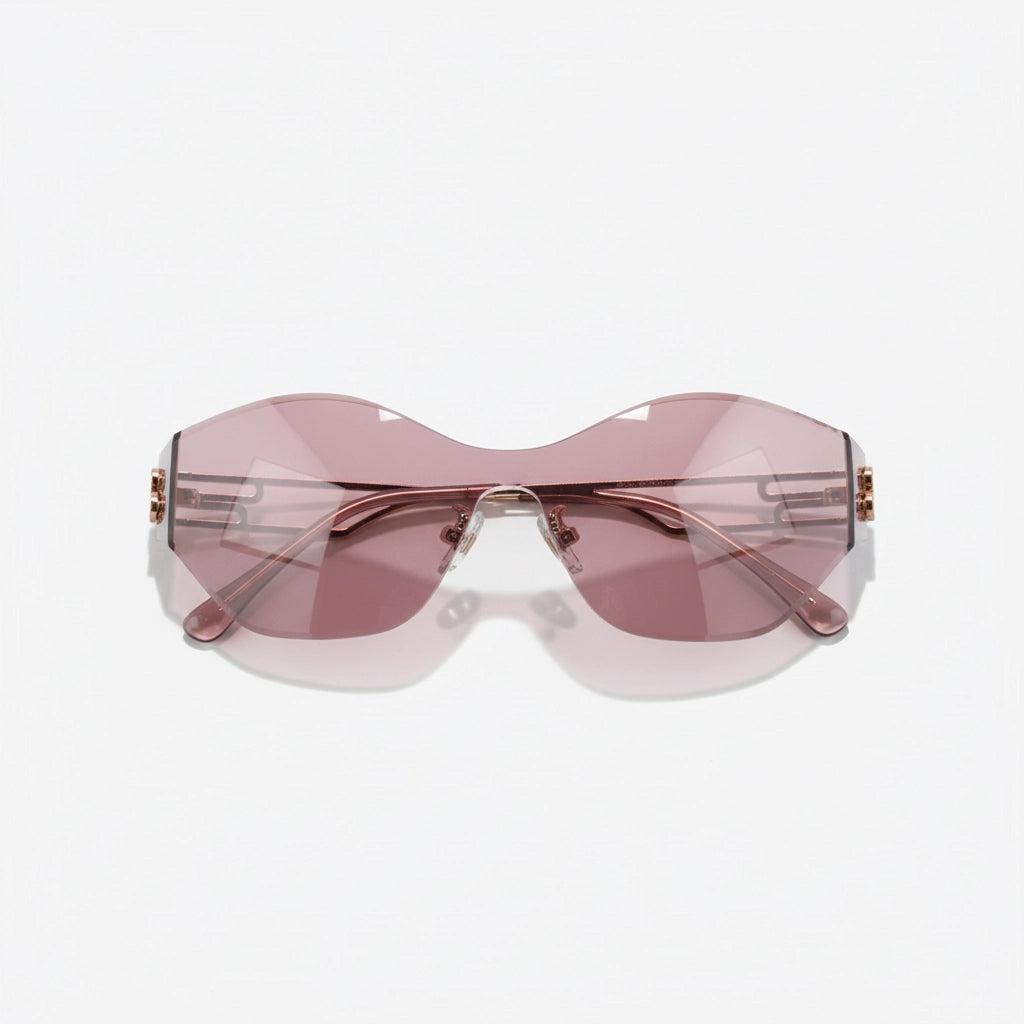 Rose-purple one-piece lens rimless cat-eye sunglasses clean studio lighting