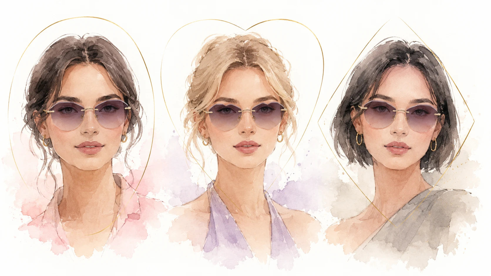 Oval heart and diamond face sunglasses guide showing frame weight and cheekbone balance