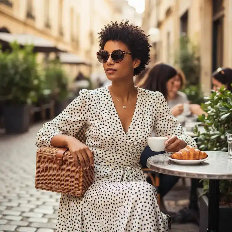 Parisian café style sunglasses, woman in polka dot dress with trendy eyewear