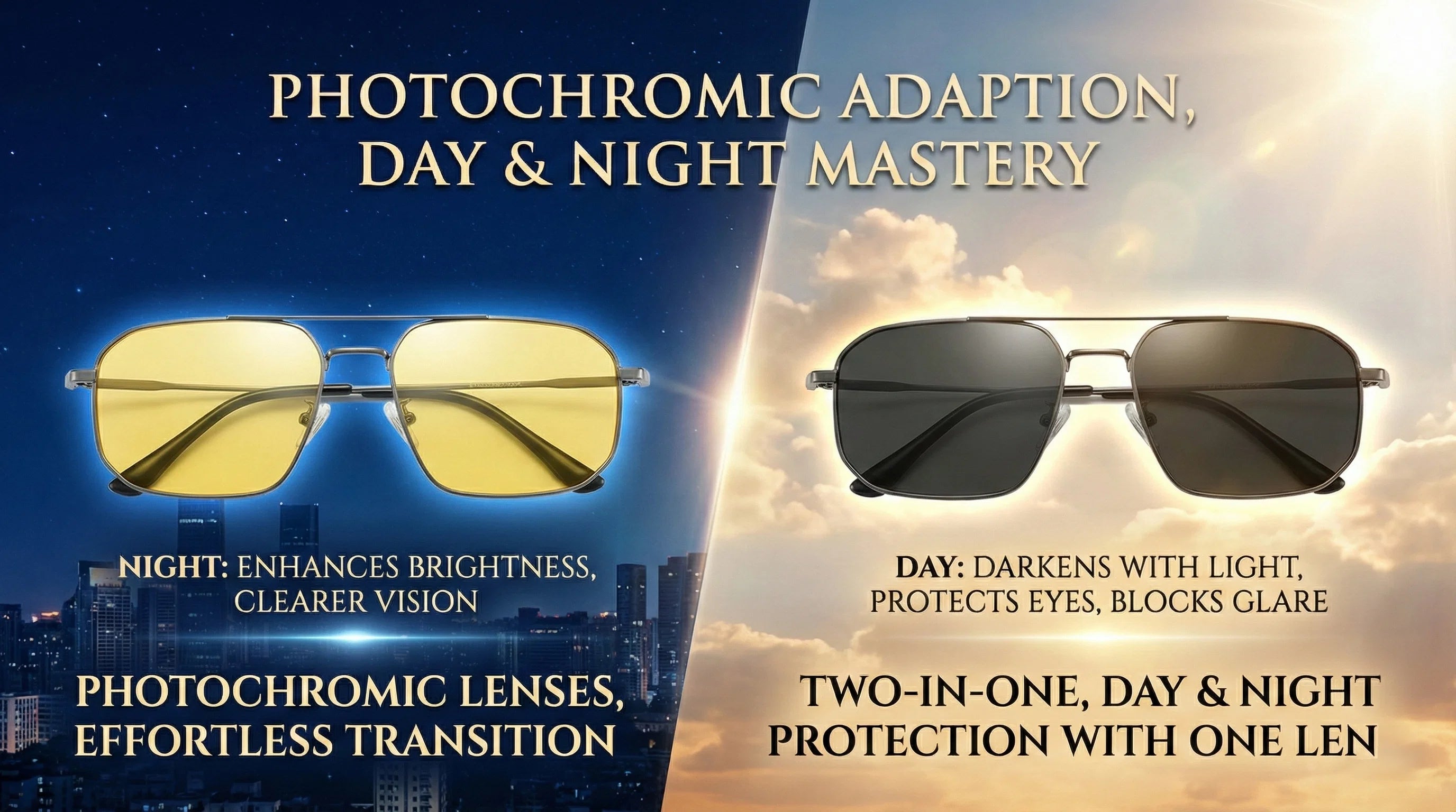 Sunglasses with photochromic lenses on a split background of night and day.