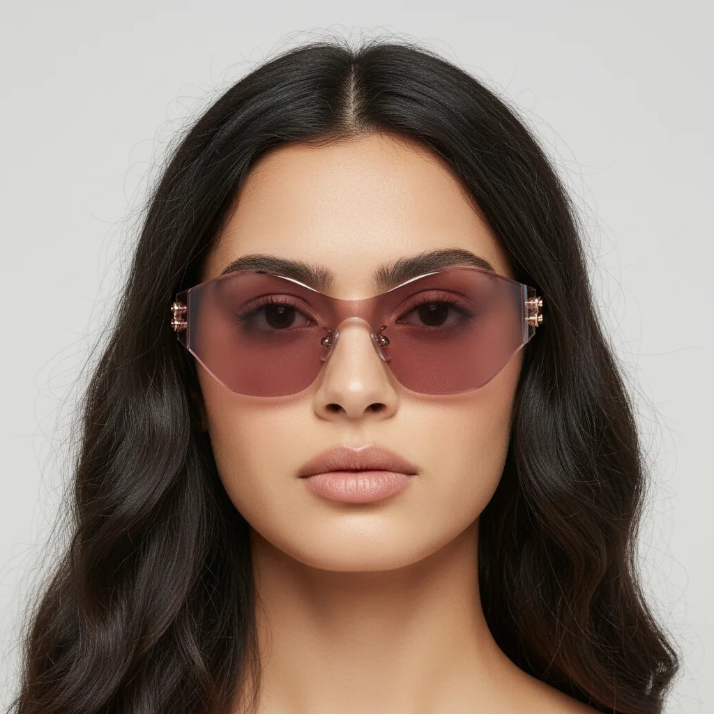 A woman styles pink shield sunglasses against a neutral backdrop, showcasing the lens’s soft tint and sleek silhouette that complements diverse daily looks.