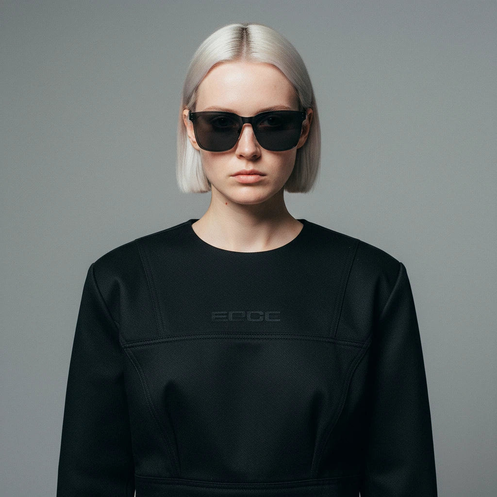 Person wearing a black sweatshirt with a brand logo on a gray background