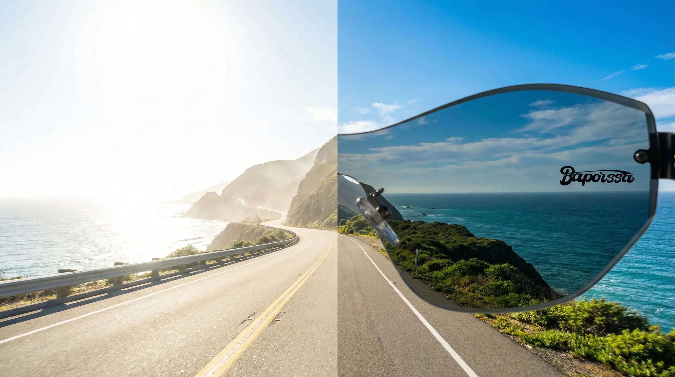 Split image showing a bright, glare-filled coastal road vs. the same scene viewed through a polarized lens, revealing clear blue skies and vibrant colors.