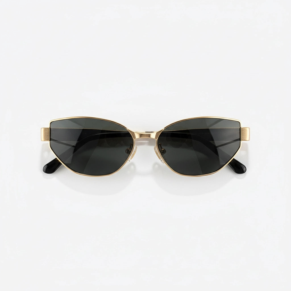 Side view of luxury gold titanium cat-eye sunglasses showing ultra-thin temples and black tips
