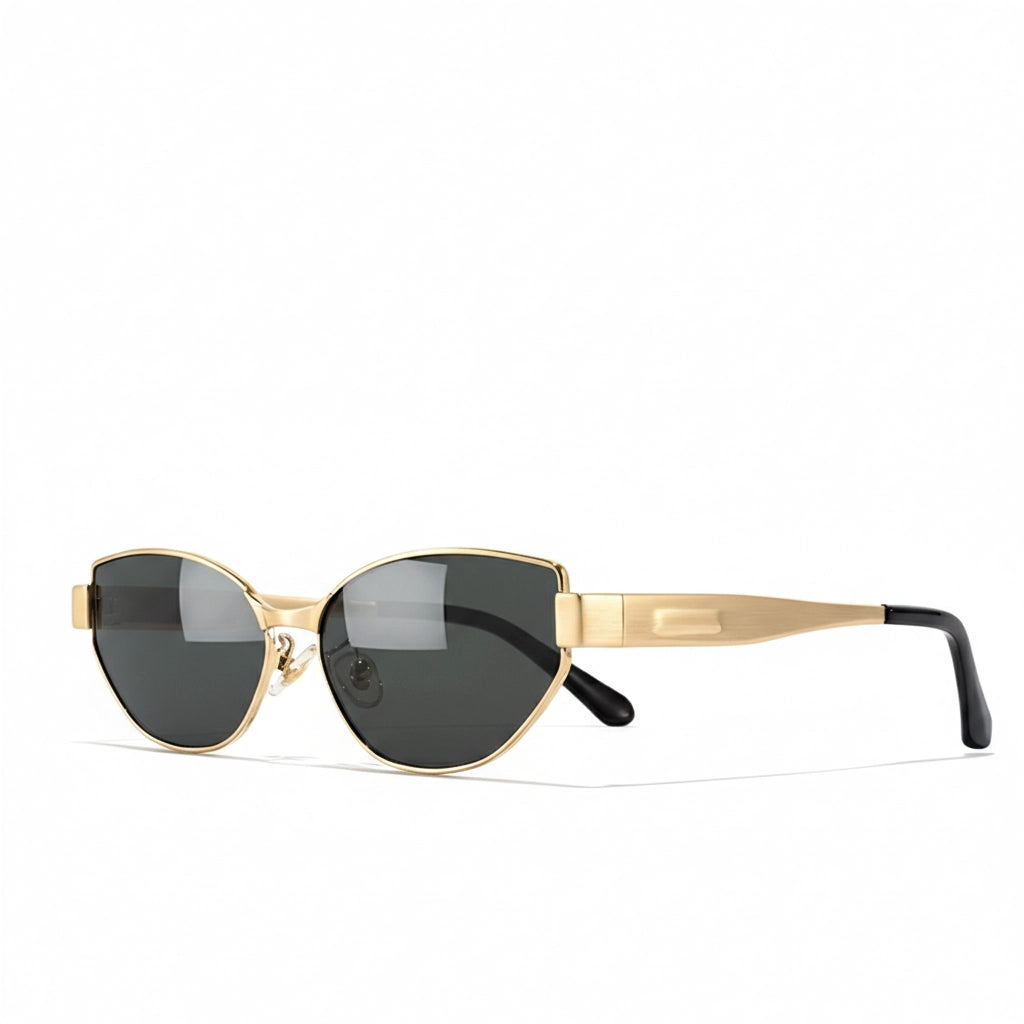 Gold-framed sunglasses with black lenses on a white background