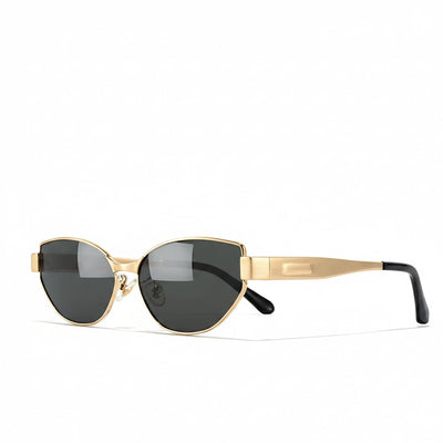 Gold-framed sunglasses with black lenses on a white background