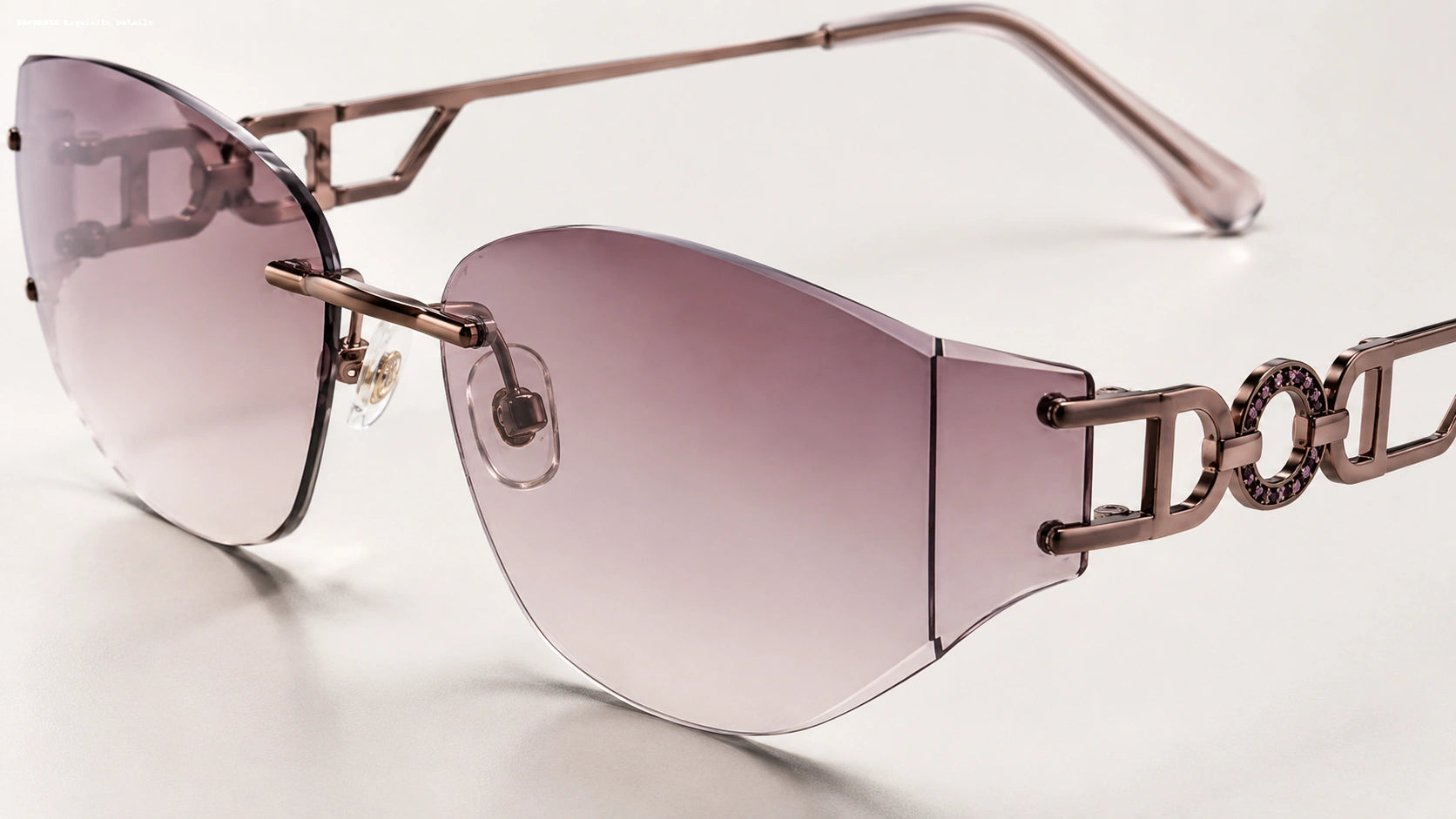 Close-up view of BAPORSSA sunglasses  showing intricate temple design and  gradient lens detail 