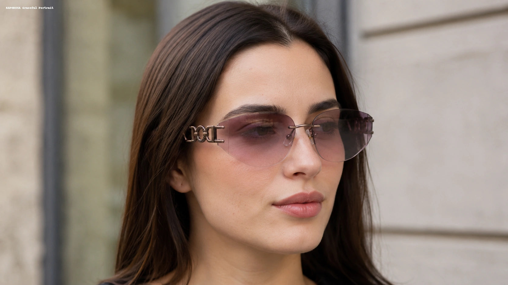 BAPORSSA portrait of a fashion model showcasing rimless sunglasses and  high-quality frames