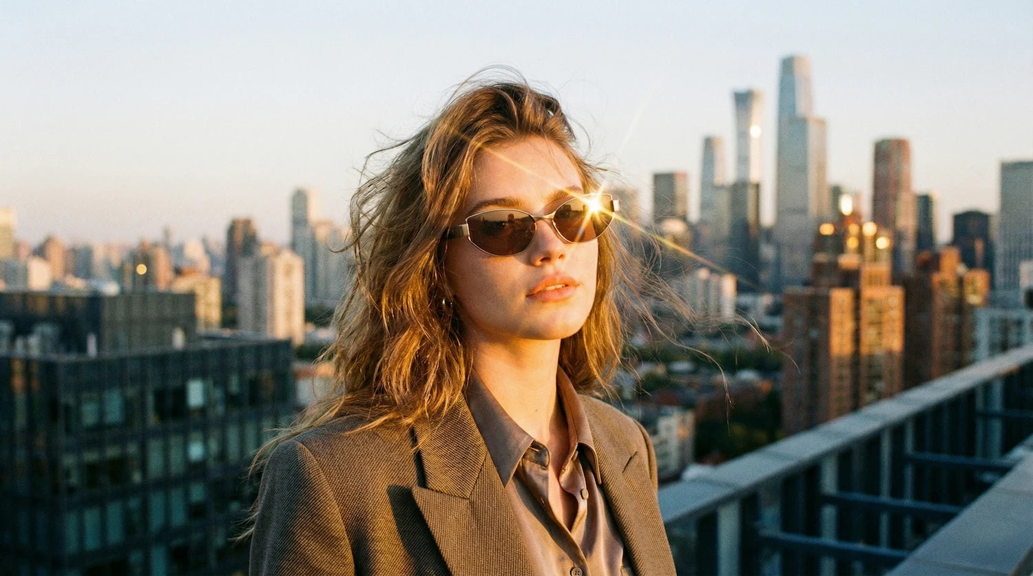 A woman wears retro oval sunglasses on a rooftop at sunset, with a sprawling cityscape behind her, highlighting the style's enduring appeal in modern fashion.
