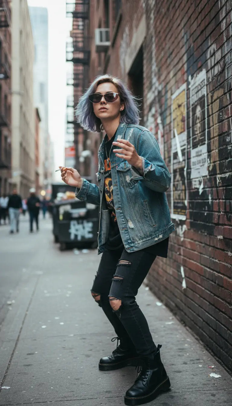 Oversized polarized sunglasses on edgy denim-styled model, reducing city light glare.
