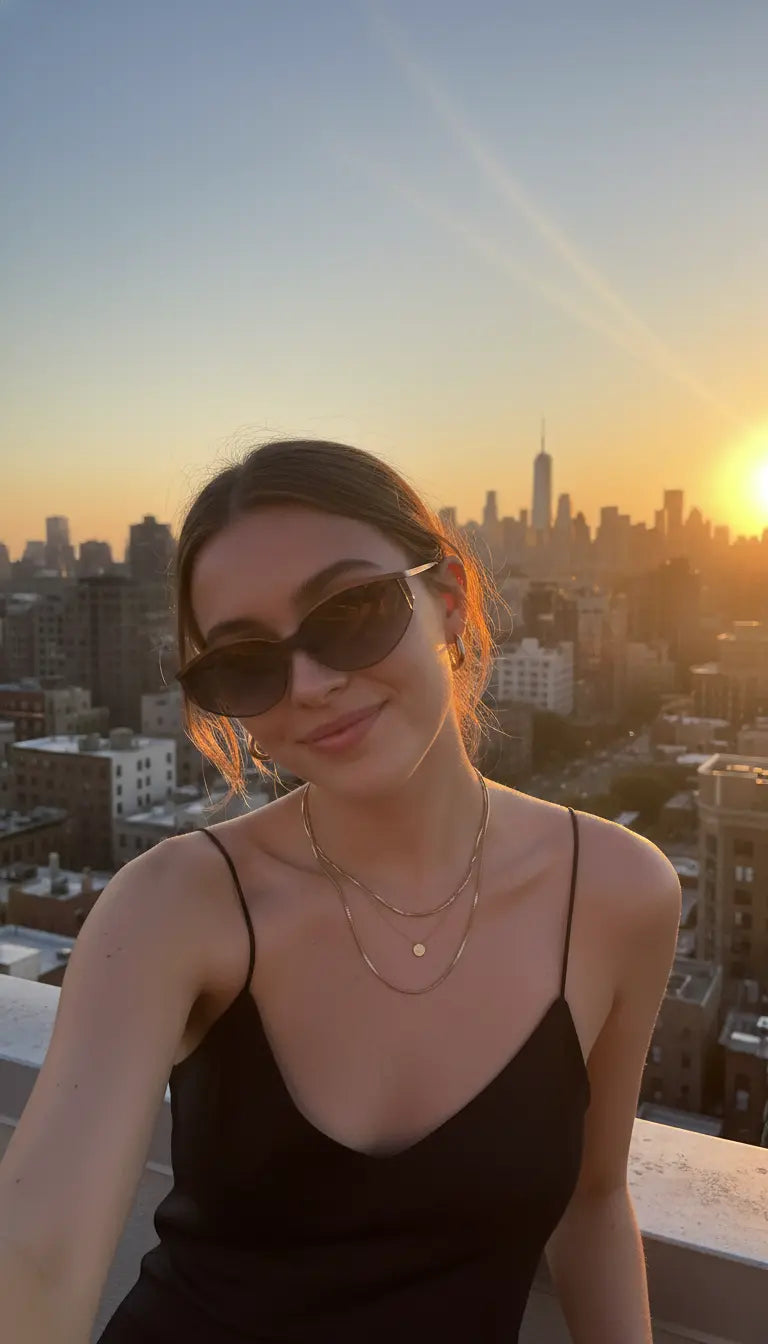 A woman takes a selfie on a rooftop at sunset, wearing cat-eye sunglasses and a black camisole; the glowing skyline of a major city (including a tall skyscraper) and warm golden-hour light fill the background, creating a chic, relaxed vibe.
