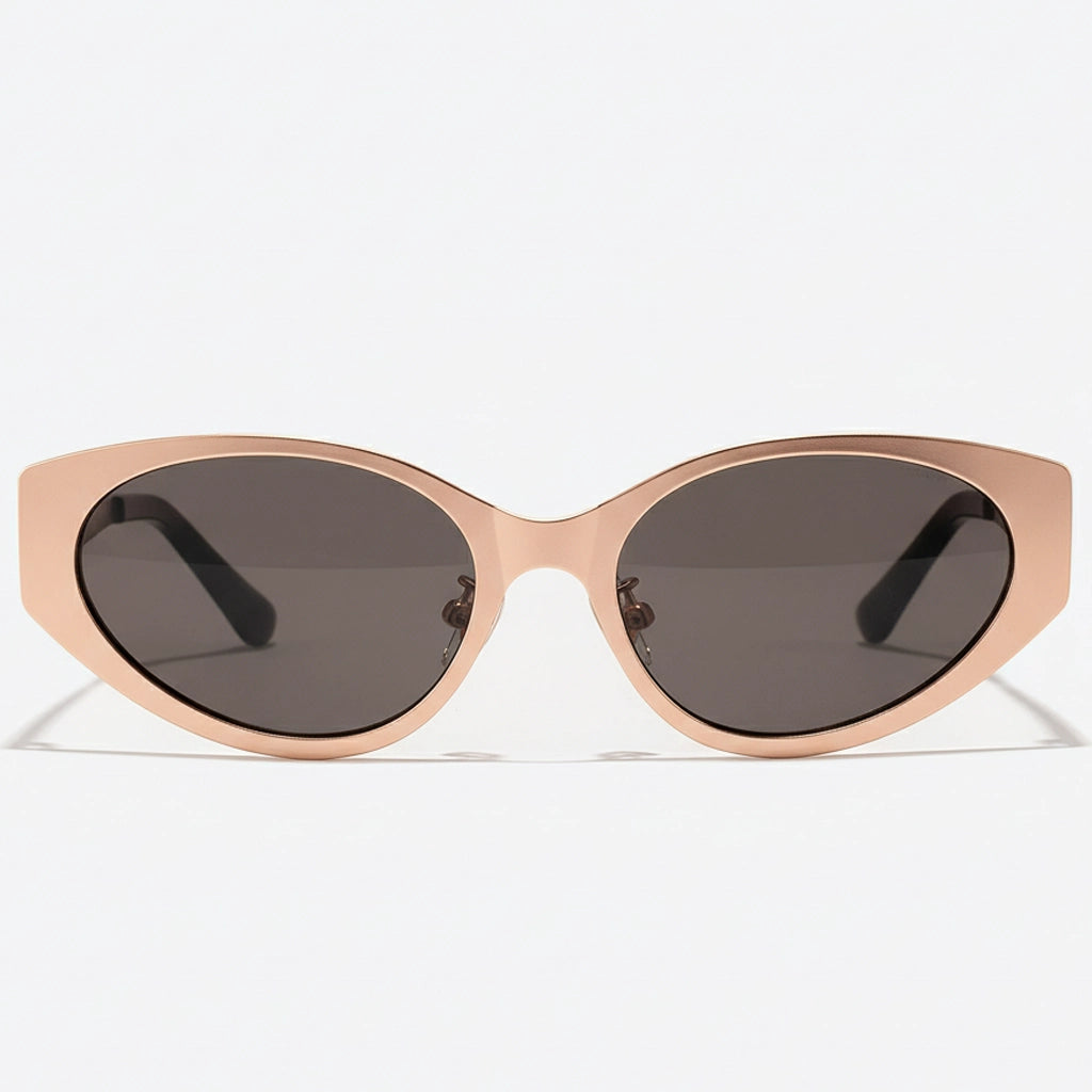 Cat-eye sunglasses with rose gold frame and dark lenses on a white background