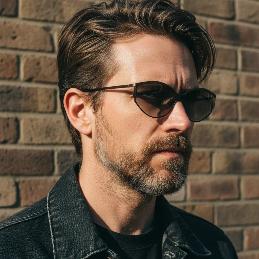 Rugged bearded man in futuristic cat-eye sunglasses looking down side view, dramatic sunlight on brick wall