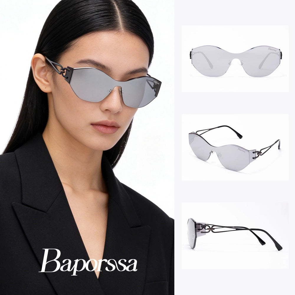 Sunglasses with a model wearing them and additional angles displayed on a white background, featuring the brand 'Baporossa'.