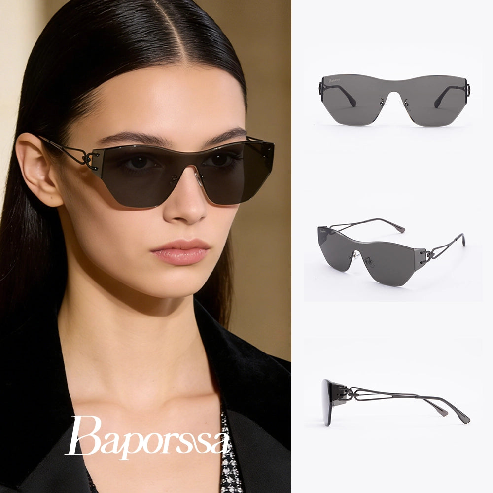 Woman wearing sunglasses with Baporossa branding, featuring different angles of the sunglasses on a white background.