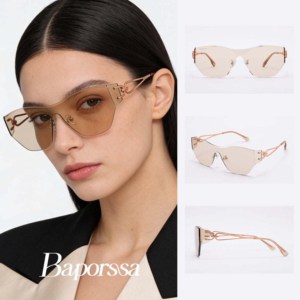 Woman wearing cat-eye sunglasses with Baporossa branding, surrounded by different angles of the same sunglasses.