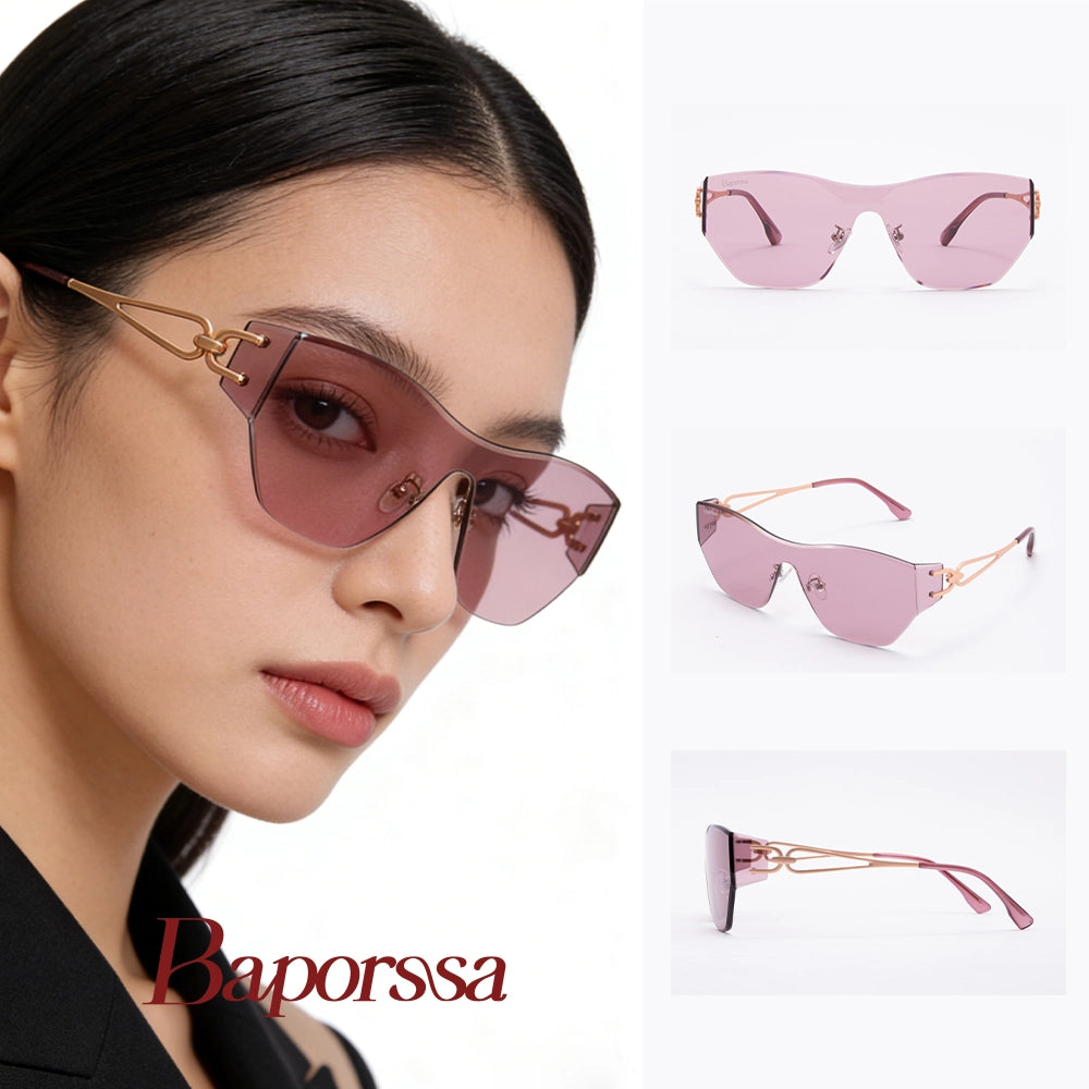 Woman wearing pink sunglasses with gold frames, Baporossa brand visible.