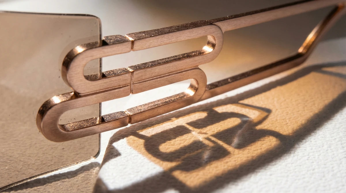 Close-up of a sunglasses frame featuring a rose gold, textured paperclip-style sculptural detail; warm light casts a shadow of the design onto a soft surface, highlighting the modern, artistic craftsmanship.