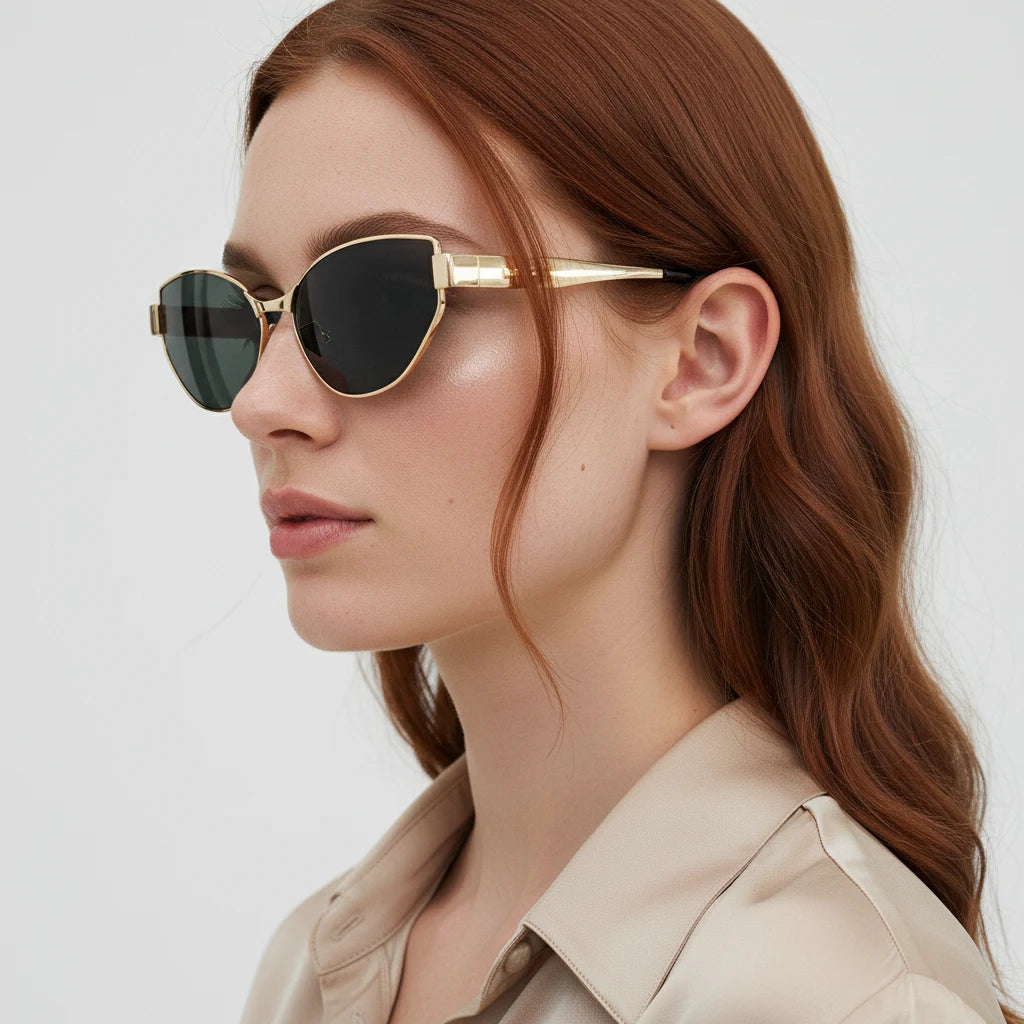 Side profile of woman with long brown hair wearing luxury gold titanium cat-eye sunglasses against white background