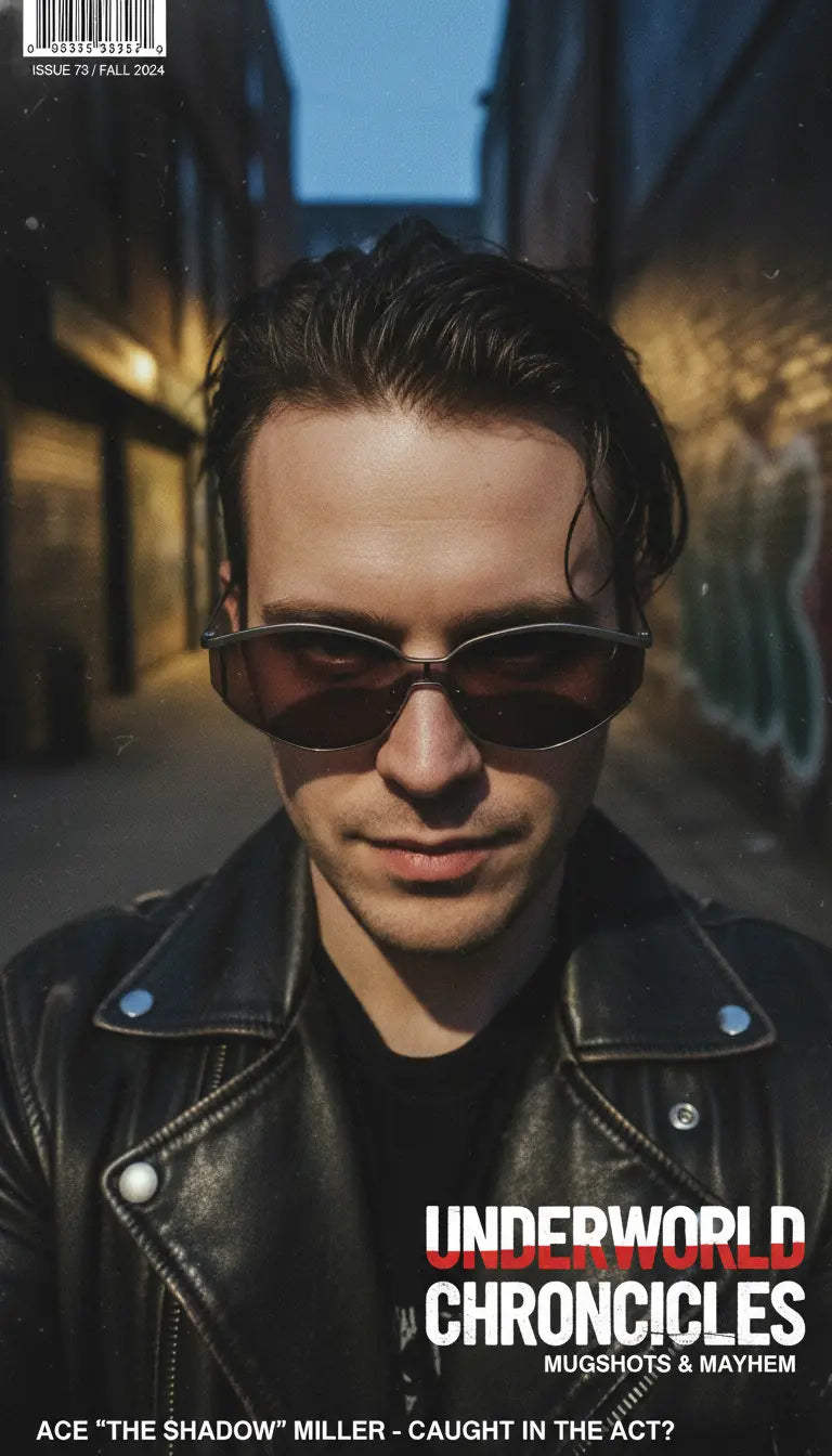 Oversized polarized sunglasses on edgy denim-styled model, reducing city light glare.