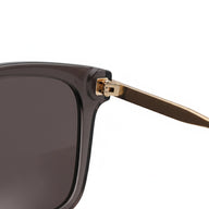 Sunglasses with dark lenses and gold frame on a white background