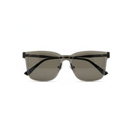 Sunglasses with black frame and dark lenses on a white background