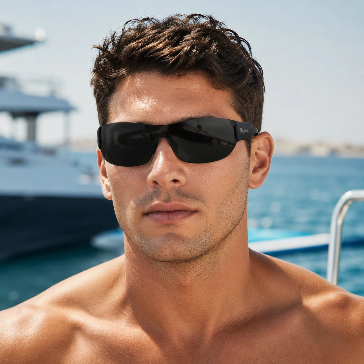 Sprint black model wearing BAPORSSA sunglasses